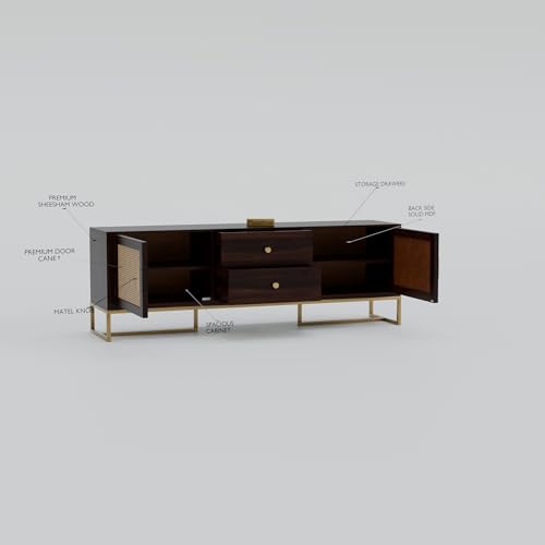 Image of Sheesham Wooden TV Cabinet for Living Room 65+ inch - TV Table for Living Room Entertainment Unit - Solid Wood TV Unit for Livingroom 65 Inch with 2 Drawers & 4 Shelves