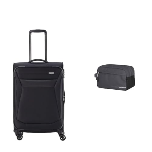 Travelite 4-Rad Koffer Größe M Weichschale & Handgepäck Kosmetiktasche, Gepäck Serie Kick Off: Praktische Kulturtasche für Urlaub und Sport, 26 cm, 5 Liter, D'anthrazit