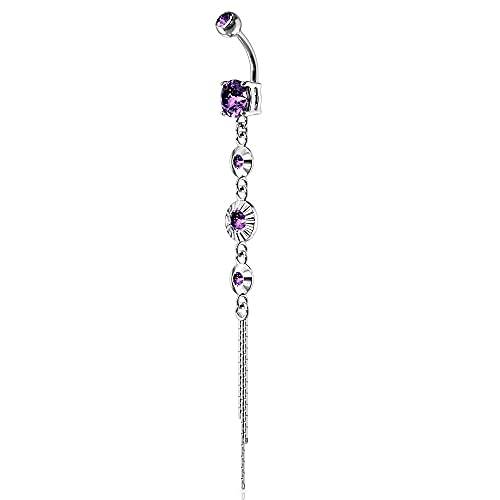 Pierced Owl 14GA 316L Stainless Steel CZ Centered Crystal Drop Chain Dangling Belly Button Ring (Pur