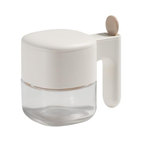 Glass Seasoning Container with Airtight Seal and Integrated Spoon, 5 x 5 In Leak Proof Automatic Lid Glass Jar,Seasoning Dispenser Compact Storage Glass Jar for Kitchen Home Cooking (beige) - image 1