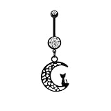 Niaspi Piercing para ombligo con diseño de gato y luna de 14 g para mujer, unisex, acero inoxidable, esmalte negro, diseño de gatito, luna, ombligo, circonita cúbica, para Halloween, joyería de regalo