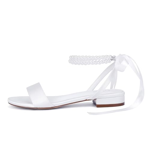 Image of Satin Wedding Flats for Bride Pearl Sandals Open Toe Bridal Shoes Flat Wedding Shoes for Bride