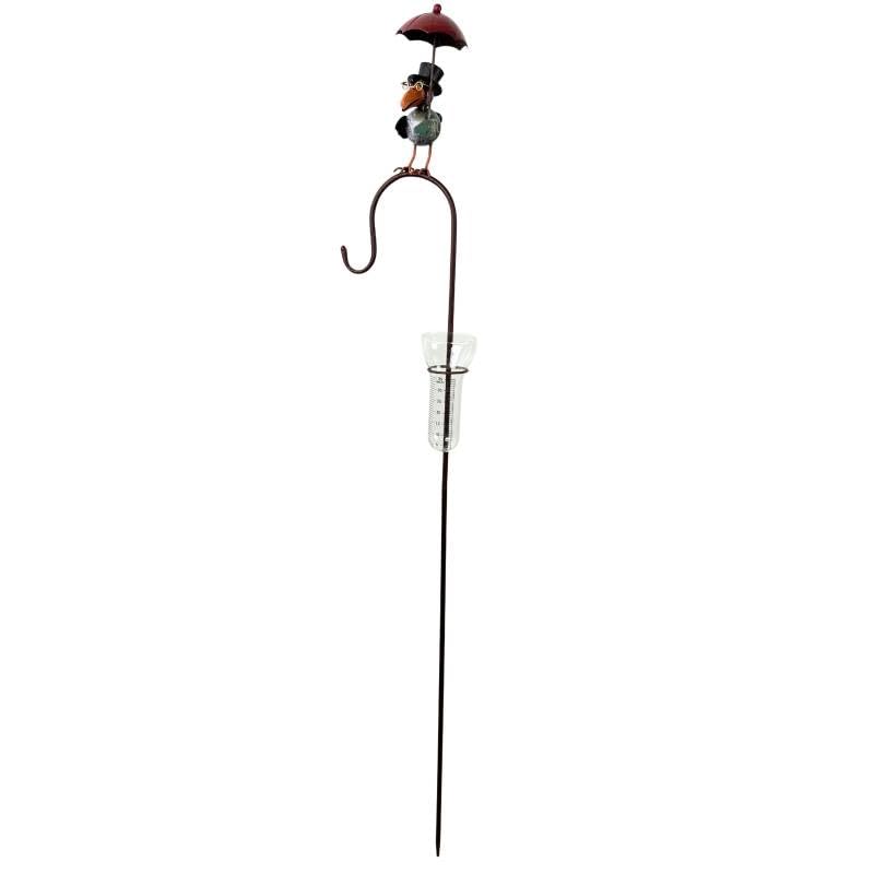 Pluviomètre à Piquer Tuteur à Plantes Déco de Jardin Corbeau Parapluie Rouge en Acier et Verre 10x18x132cm