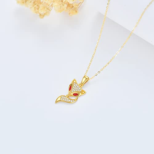 Mrenite Solid 14K Yellow Gold Fox Necklace With Red Dripping Glue And Cubic Zirconia Gold Fox Head Tail Pendant Christmas Amimal Jewelry Gift For Women #TOP1