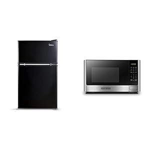 Midea WHD-113FB1 Double Door Mini Fridge with Freezer for Bedroom Office or Dorm, 3.1 cu ft, Black & BLACK+DECKER Digital Microwave Oven with Turntable Push-Button Door, Stainless Steel, 0.9 Cu Ft