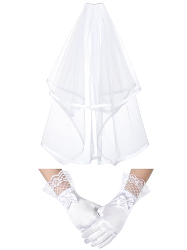 Geyoga 2 Pcs Girls White Veil and Gloves Set for Kids Flower Girl Wedding Halloween Costume Tea Party Princess Dress up(4-8 Years)