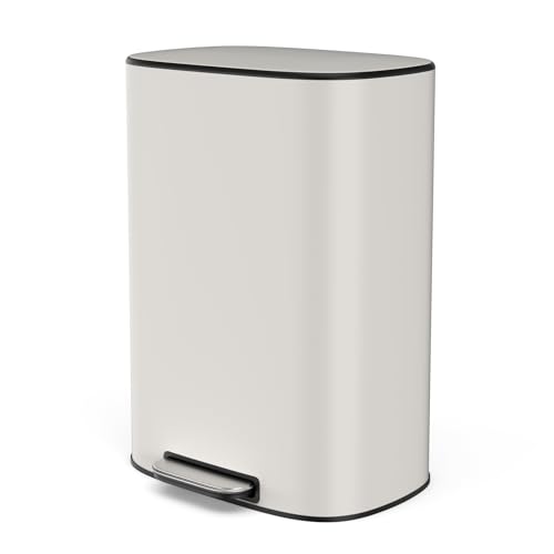 White 13 Gallon Stainless Steel Foot Pedal Large Trash Can with Soft Close Quiet Lid, Stainless Steel Thickened Body Oval Garbage Can with 30 Garbage Bags for Kitchen, Commercial, Home, Office