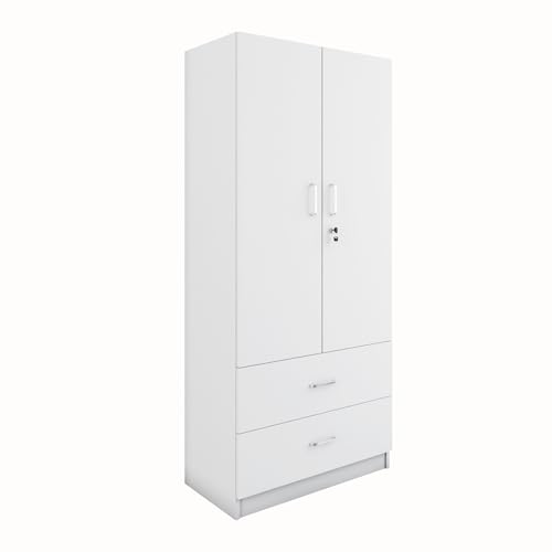 Image of VIKI Wardrobe | Tulum Wardrobe | Wooden Almirah for 2 Door Wardrobe with 2 Drawer & Hanging Space (Frosty White - 40D x 80W x 180.8H) | 1 Year Warranty | Free Assembly