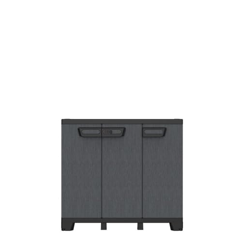 Kreher® Dreitüriger Aufbewahrungsschrank Gartenschrank Kellerschrank aus Kunststoff in Schiefer Optik. Mit höhenverstellbaren Böden und abschließbaren Türen in 2 Größen. (Schrank mit 1 Einlegeboden)