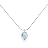 Aliyoham Sterling Silver Oval Synthetic Moonstone Pendant Necklace for Women, Rainbow Gemstone, Snake Chain