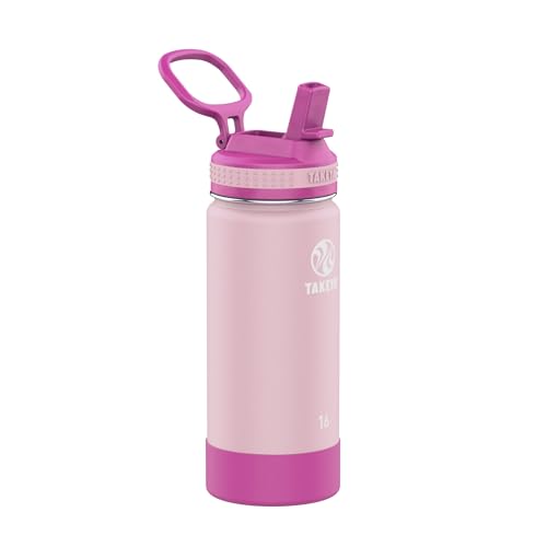 Image of Takeya Actives Kids Water Bottle with Straw Lid - Stainless-Steel Double Wall Insulation - BPA-Free Bottle Lid with Carry Handle - Reusable Bottle with Straw Lid - 16 oz, Blush / Super Pink