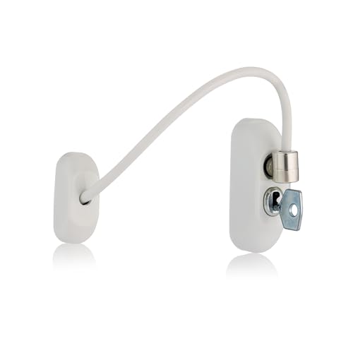 XFORT Abschließbarer Fensterbegrenzer mit Schlüssel, 20 cm Kabellänge beschränkt Fenster auf 100 mm Öffnung, um Verletzungen oder Einbruch zu verhindern, (1) weiß