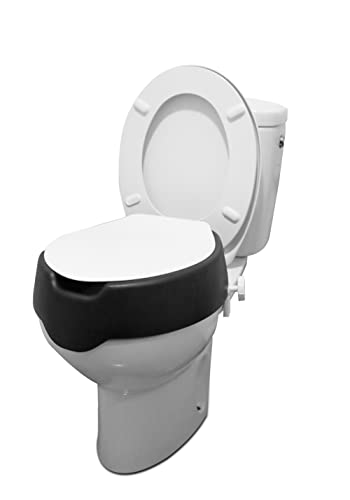 KMINA 4 Inch Soft Raised Toilet Seat with Lid, 300 lb Capacity, Fits Round & Compact Elongated Bowls up to 15" Wide, Tool-Free Clamp-On Riser, Black