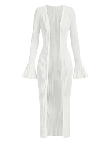 Floerns Women's Open Front Long Cardigan Bell Sleeve Ribbed Knit Sweater with Pockets