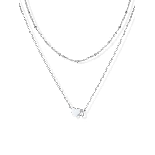 U7 Layered Heart Initial Necklace for Women,Tiny Silver/14K Gold Plated Heart Initial A-Z Letter Pendant Necklaces,Adjustable 16"- 18" Valentines Birt