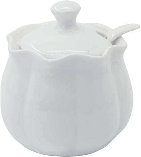 ANUBE Zuccheriera, Ceramica Zuccheriera con coperchio e cucchiaio per cucina 10 oz/260 ml in zucca bianca
