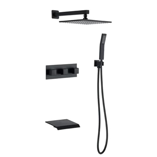 Grifo Ducha Empotrada 3 Perillas Grifos Duchas de Baño Cabezal de Ducha Lluvia Cuadrado 10'',negro