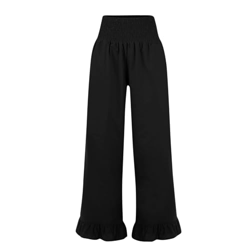 Image of Womens Linen Palazzo Pants Ruffle Hem Drawstring Boho Trousers Beach Travel Vacation Outfits