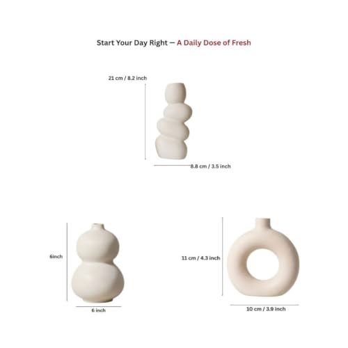 Image of Modern Ceramic Vase Set of 3 | Nordic Minimalist Donut & Abstract Bubble Design Flower Vases | Matte White Home Decor for Living Room, Table, Shelf, Office | Pampas & Dried Flower Vase