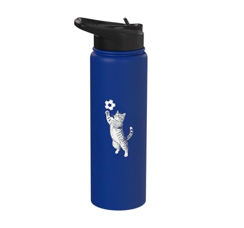 Cute Black And White Vintage Tabby Cat Kitten Playing Soccer Stainless Steel Insulated Water Bottle