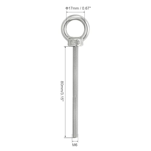 Image of PATIKIL M6 x 80mm Lifting Shoulder Eye Bolt, 3Pcs 304 Stainless Steel Lifting Ring Threaded Eyebolt with Nuts Washers for Hanging Hammocks Articles