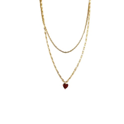 Collier coeur rouge en cristal et double chaine or 18K pour femme