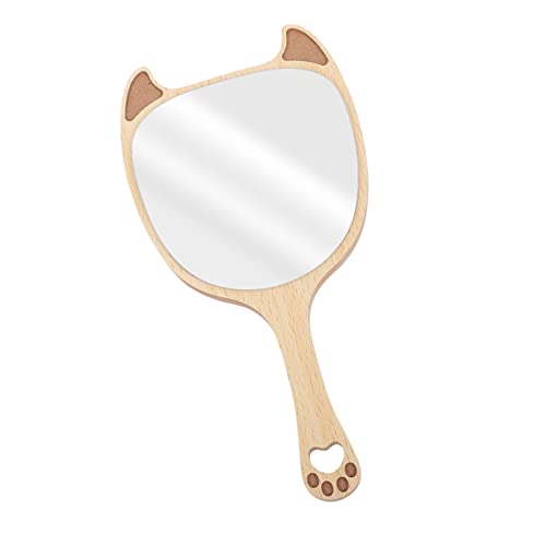 Mikinona Cute Animal Makeup Mirror Wooden Handle Handheld Portable Vintage Style