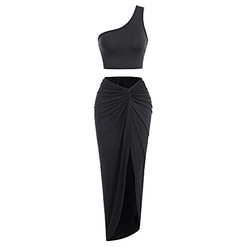 Image of ZAFUL Women's Casual Sleeveless Summer Two Piece Outfits Crop Top and Side Split Draped Ruched Maxi Skirt Set Solid Suiting