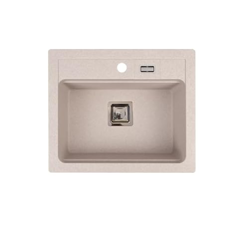 QLS YORK – Fregadero de granito 59 x 50 cm, 1 lavabo, color beige, incluye sifón, plantilla, resistente a arañazos y al calor, para armarios bajos de 60 cm, embalaje seguro para transporte