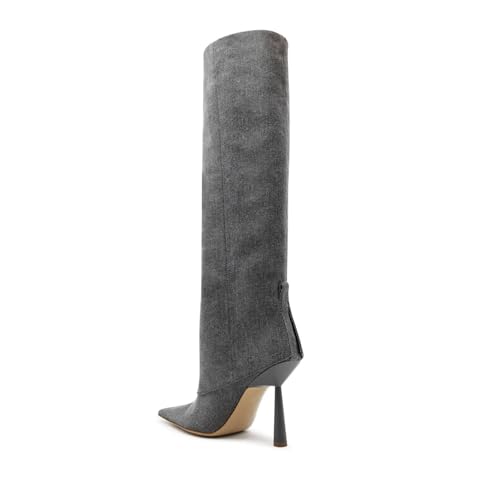 Image of Goolita Fold Over Boots For Women, Pointed Toe Stiletto Heel Knee High Boots Fashion Comfortable Slip On Tall Boots