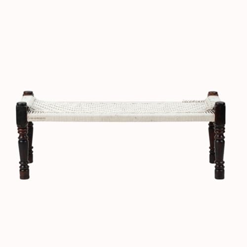Image of Wooden Bench for Seating | Handcrafted Sheesham Wood Bench for Living Room, Balcony & Garden | Traditional Patio for Outdoor with Cotton Handwoven Rope | White