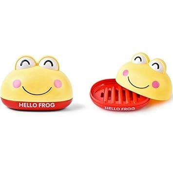 Keetly Frog Soap Box Bathroom Soap Holder with Case Lid Jewelry Storage Box Kitchen Sponge Drain Rack (Yellow)