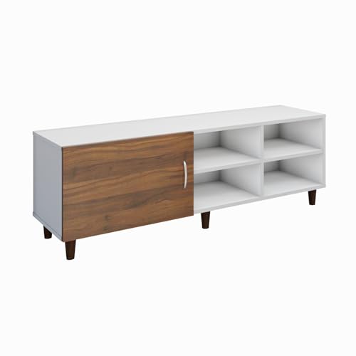 Image of VIKI Modern TV Unit for Living Room | Engineered Wood TV Cabinet with 1 Door Storage & 2 Open Shelves, Entertainment Unit, 140W x 48H x 40D cm | DIY | 1 Year Warranty (White & Walnut)