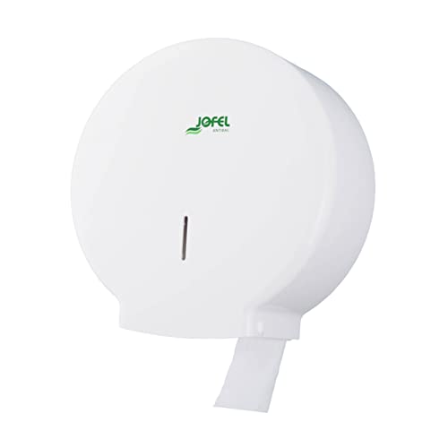 Jofel - Portarrollos de Papel Higiénico Industrial Mediano, Dispensador Rollos de hasta 300m, max. 220mm de Diámetro, Mandril 45mm, Ideal en Baños Públicos WC, Antibacteriano, Azur AE51700, ABS Blanco