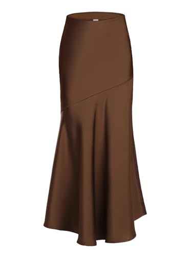 ebossy Women's Elegant Fishtail Long Skirt Silk Satin Hidden Elastic Waist Ruffle Flared A-Line Maxi Skirt