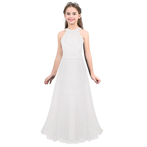 TiaoBug Vestido Largo Niñas de Fiesta Boda Ceremonia Vestido Verano de Encaje Flores Elegante Infñantil Damas de Honor 4-14 Años Blanco 16 años