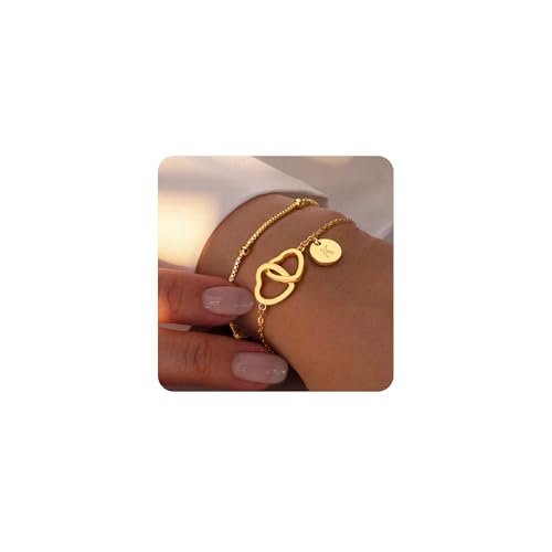 M MOOHAM Gold Initial Bracelets for Women, Dainty 14K Gold Plated Disc Initial A-Z Bracelet Jewelry, Satellite Chain Double Hearts Bracelets, Birthday Gifts for Women Mom Daughter Friend