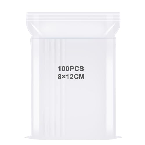 FIHODONE 100 PCS Small Plastic Grip Seal Bags,Ziploc Plastic Storage Bags,Transparent baggies Sealable,Resealable Plastic Bags for Cookie, Jewellery,Candy,Beads (8 x 12 cm)