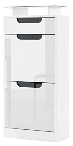 Vladon Meuble à Chaussures Fiesta V2, Corps en Blanc Mat/Façades en Blanc Haute Brillance avec Un Decor en Noir Haute Brillance