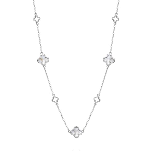 Lllunimon Sterling Silver Mother of Pearl Necklace 14K Gold Plated Clover Necklace for Women Four Leaf Clover Necklace Flower Lucky Pendant Dainty Jewelry Gifts,Platinum