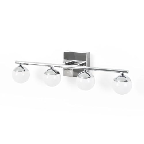 BARCELONA LED Aplique LED para baño Cromado 12W IP44 con 4 esferas difusoras. Luz blanca neutra 4000K. Barra de 49 cm. Lámpara de pared para Baño, illuminación moderna y funcional para espejo y lavabo