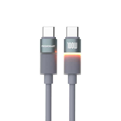 Image of Phonokart Glow 2m 100W 20V 5A C2C Hyper Fast Charging Cable, PD Data Transfer, Warm LED Indicator, Silicone Coated,Build E-Marker Chip, Battery Protect, Supports Car Play & Android Auto