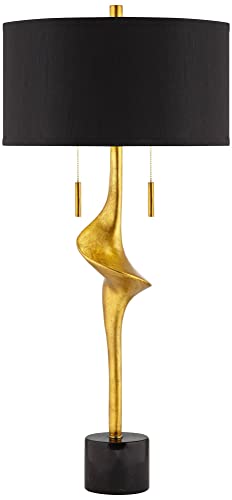Possini Euro Design Athena Mid Century Modern Buffet Table Lamp 35 1/2" Tall Gold Leaf Metal Abstract Black Drum Shade Decor For Bedroom Living Nightstand Bedside Office Kids Room House Home Family #TOP1