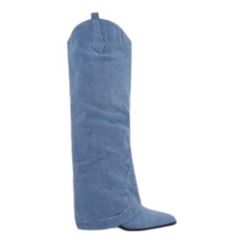 Women Fold Over Knee High Chunky High Heel Boots2