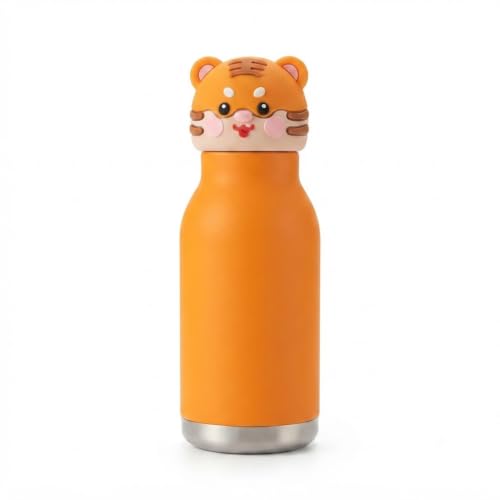 Image of JOUET 450ml Stainless Steel Kids Water Bottle with Cute Tiger Character Lid, Leakproof Drinking Bottle for School, Travel, Sports & Everyday Use
