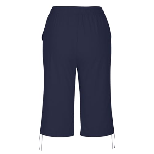 Summer Plus Size Capris for Women Knee Length Cotton Linen Elastic Waist Drawstring Bermuda Shorts with Pockets4