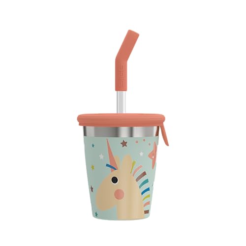 SIGG - Vaso infantil de acero inoxidable con tapa de silicona y pajita - A prueba de salpicaduras - Sin BPA - Ligero y robusto - Unicornio - 0,35L