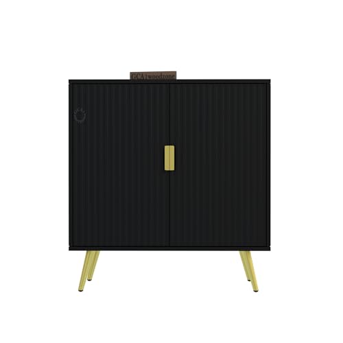 Image of Wooden Fluted Design Storage Cabinet with 2 Doors | Modern Sideboard Cabinet for Living Room, Bedroom & Entryway | Multipurpose Organizer Cupboard | HDMR Premium Wood | Gold Metal Legs (Black)