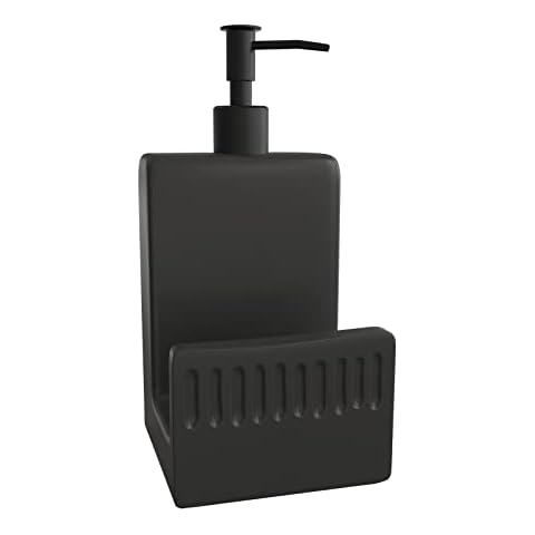 Karisky Dish Soap Dispenser with Sponge Holder, Matte Ceramic Hand Soap Dispenser for Kitchen Sink, 2 in 1 Modern Liquid Soap Dispenser Pump for Kitchen Countertop, Bathroom, Black Cover