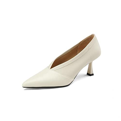TinaCus Women's Pointed Toe Genuine Leather Handmade V-Cut Slip On Mid Kitten Heel Office Pumps Shoes
